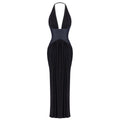 Halter Deep V Plunge Black Dress Denim Drawstring Slim Fit Maxi Drape Party Dress