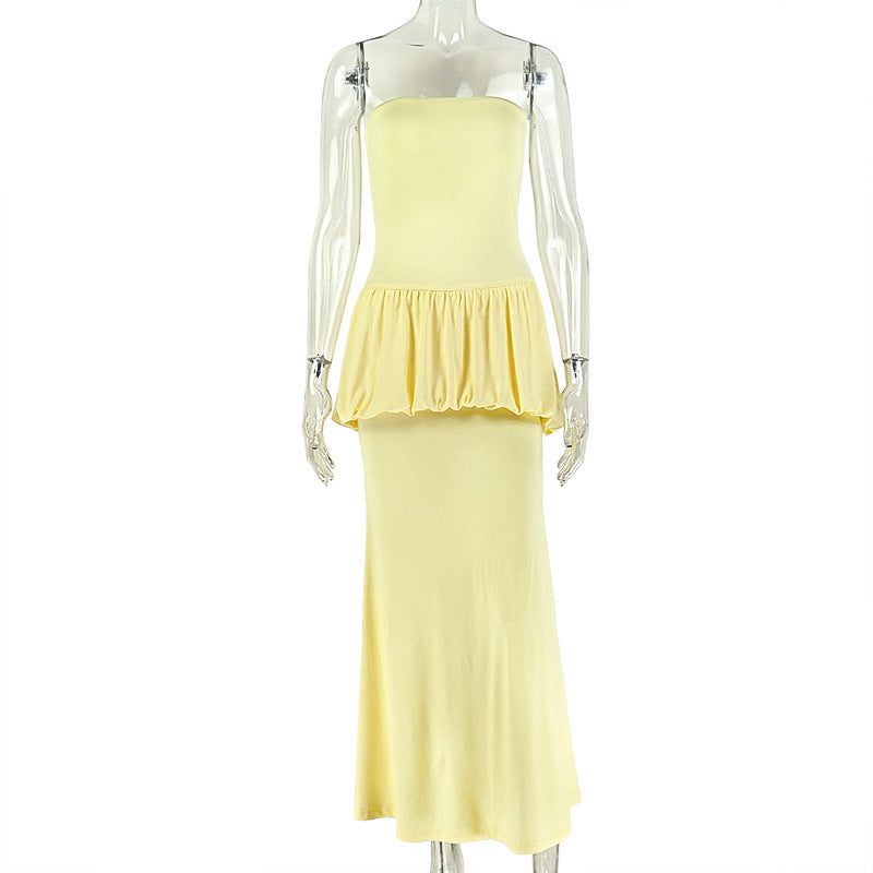 Solid Color Women Clothing Personalized Design Pleated Hip Tube Top off Neck Backless Slim Fit Dress