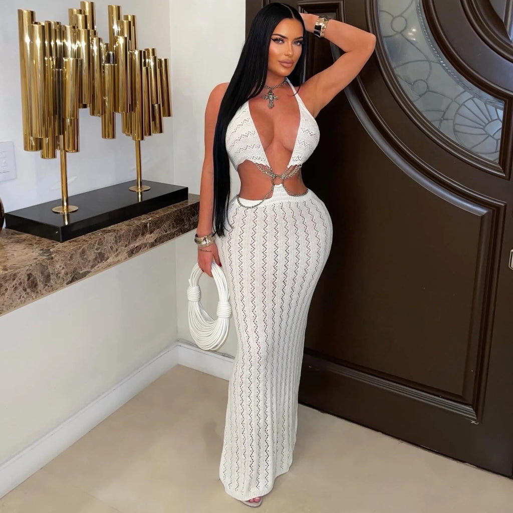Beach Holiday Hollow Out Cutout out Knitted Halter Dress Deep V Plunge Chain Backless Long Blouse Women Clothing