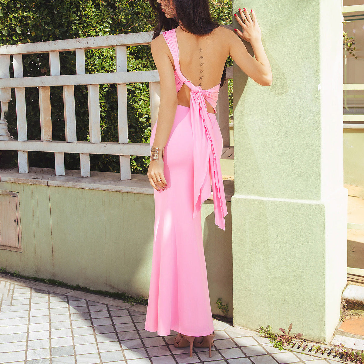 Summer Vacation Dignified Goddess Dress Sexy Backless Lace up Oblique One Shoulder Maxi Dress