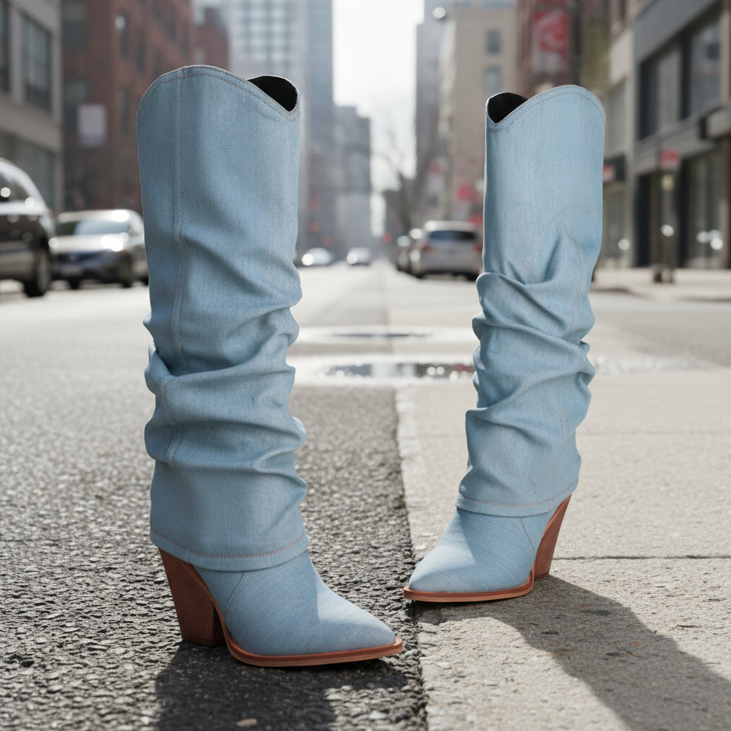 Vintage Pointed-Toe Chunky Heel High Tube Boots — Statement Heels