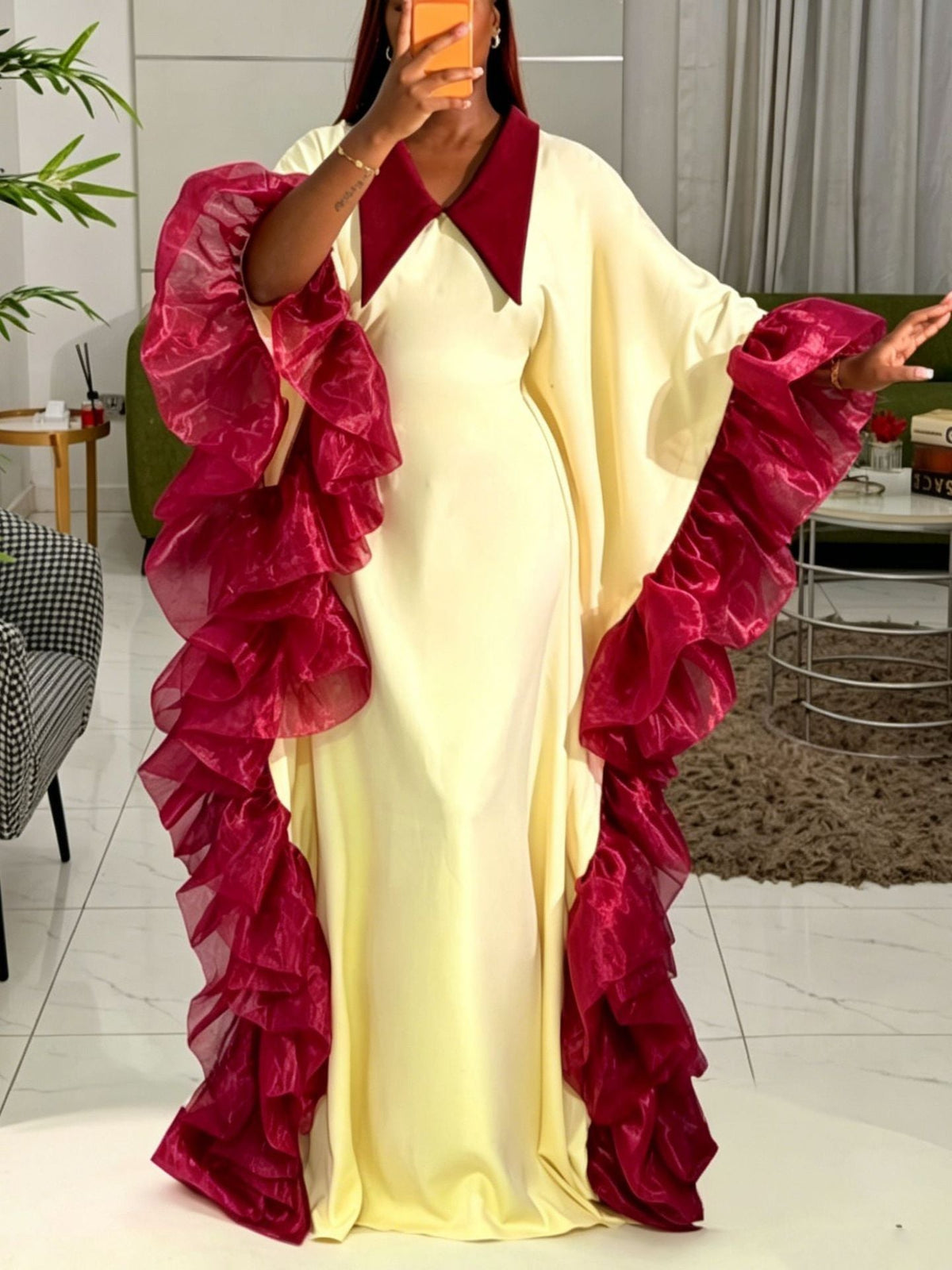 Loose Lapels Batwing Sleeve Dress Multi Layer Patchwork Ruffled Large Swing Party Bubu Robe