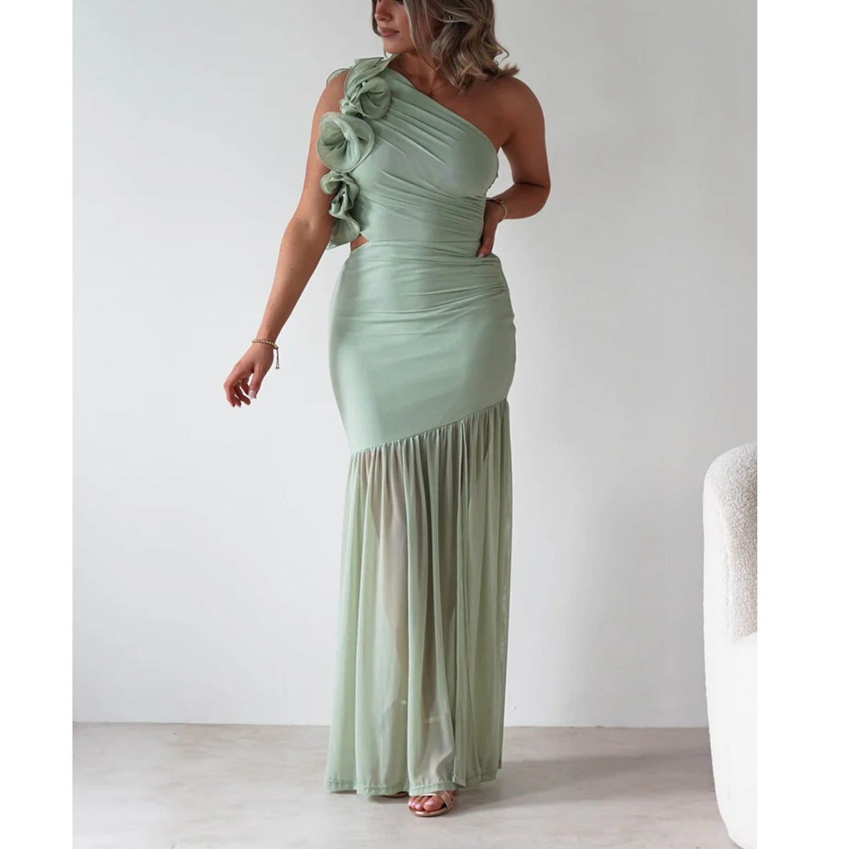 Autumn Winter Hollow Out Cutout out One Shoulder Ruffled Mesh Dress
