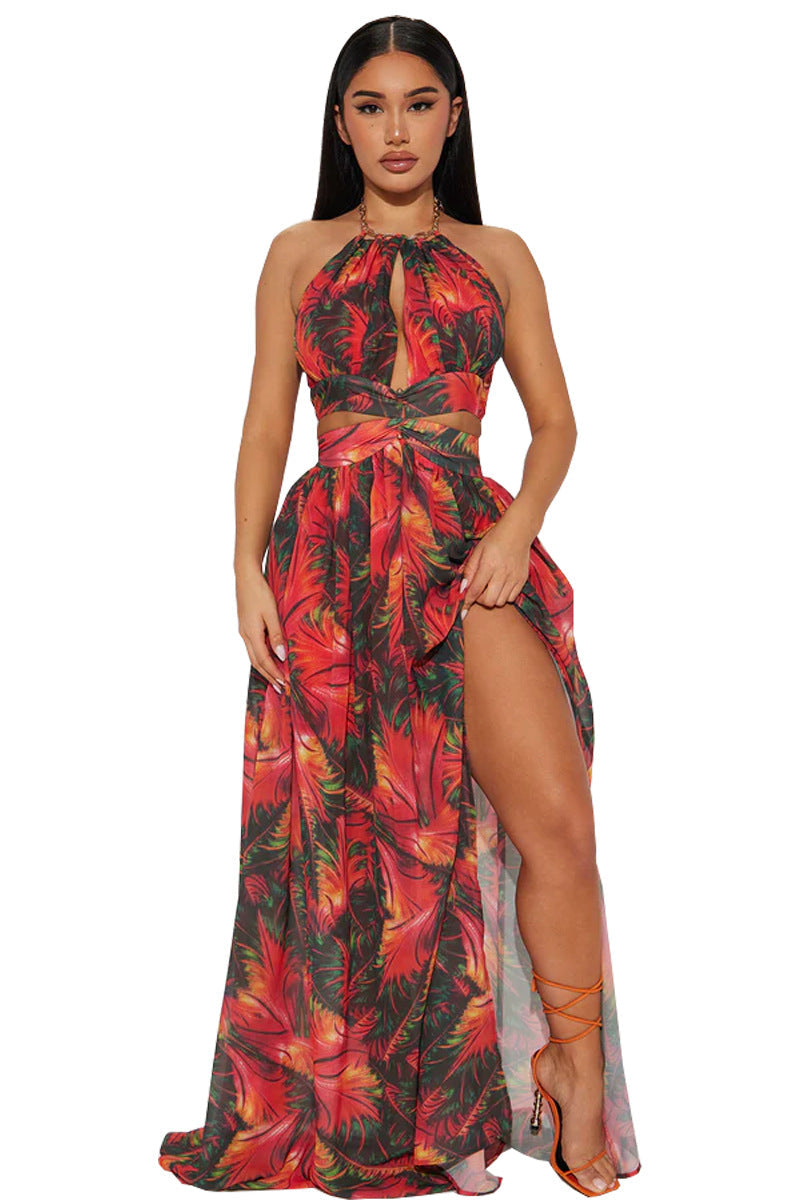 Summer Halterneck Printed Waist Tight Cropped Outfit Sleeveless Backless Long Split Sexy Vacation Dress