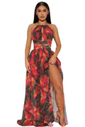 Summer Halterneck Printed Waist Tight Cropped Outfit Sleeveless Backless Long Split Sexy Vacation Dress