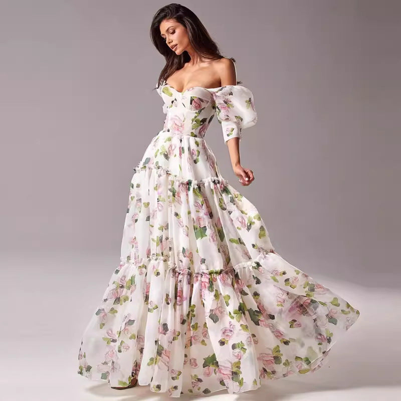 Romantic Retro Dress off Shoulder Heart Shaped Tube Top Boning Corset Waist Slimming Printed Dress