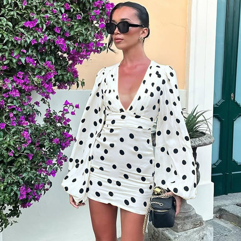 Polka Dot Printed Sexy Deep V Plunge neck Slim Fit Bell Sleeve Sheath Dress for Women