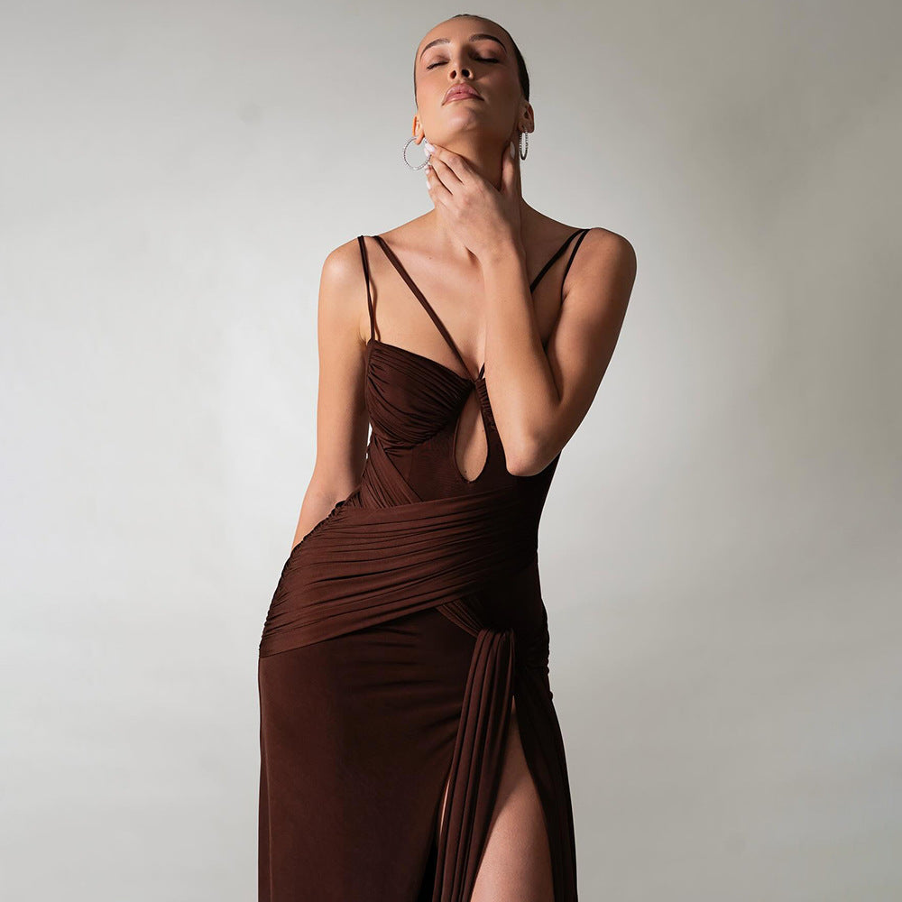 Dress Sexy Slim Fit Maxi Dress Backless Brown Pleating Ribbon Dress