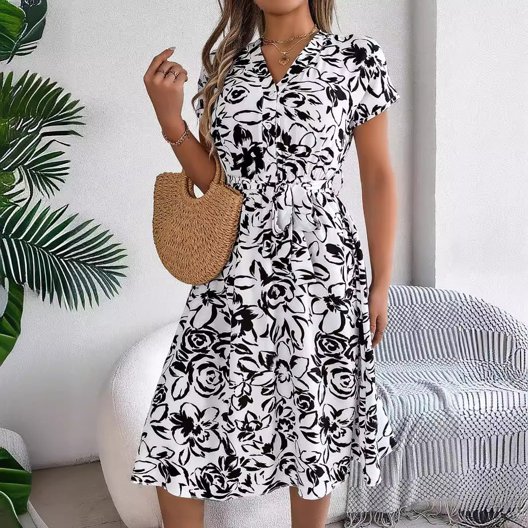 Spring Summer Casual V neck Buttons Batwing Sleeve Floral Swing Dress Women Clothing