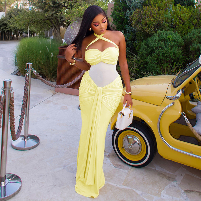 Women Clothing Micro Transparent Lace up Backless Solid Color Hip Dress Halter Pleated Wrapped Chest Slim Fit Maxi Dress
