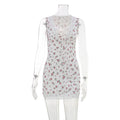 French Romantic Sexy Deep V Plunge Lace up Sleeveless Lace Trim Slim Floral Print Sexy Short Dress for Women