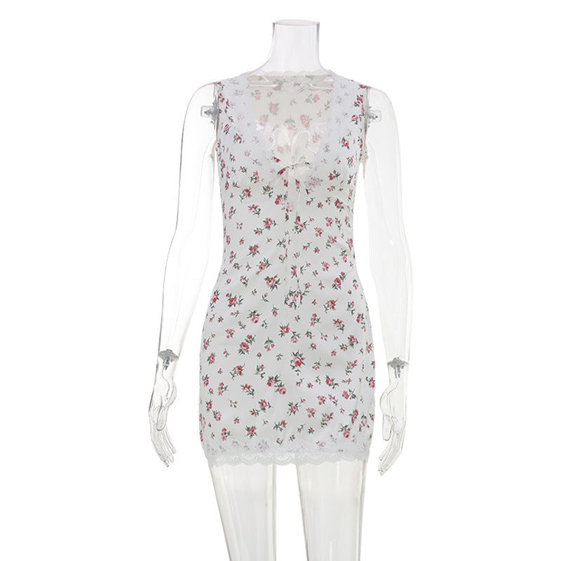 French Romantic Sexy Deep V Plunge Lace up Sleeveless Lace Trim Slim Floral Print Sexy Short Dress for Women