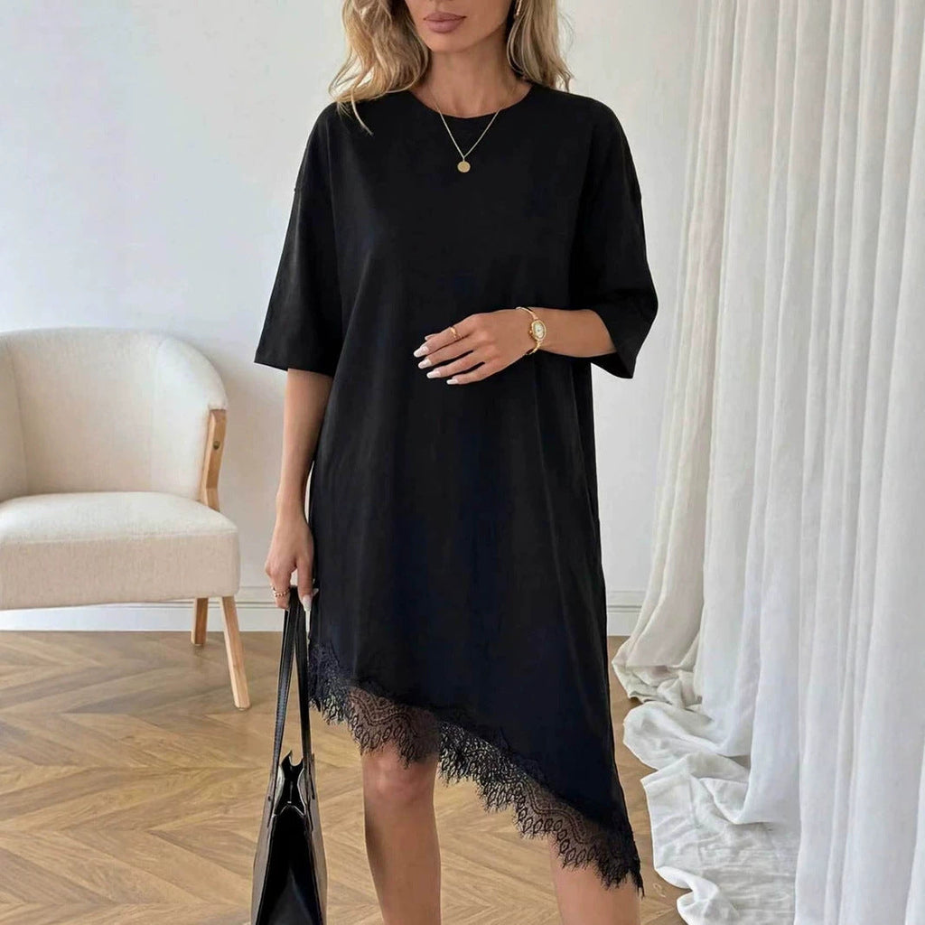 Women Clothing Summer Irregular Asymmetric Loose Solid Color Half Sleeve Dress