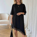 Women Clothing Summer Irregular Asymmetric Loose Solid Color Half Sleeve Dress