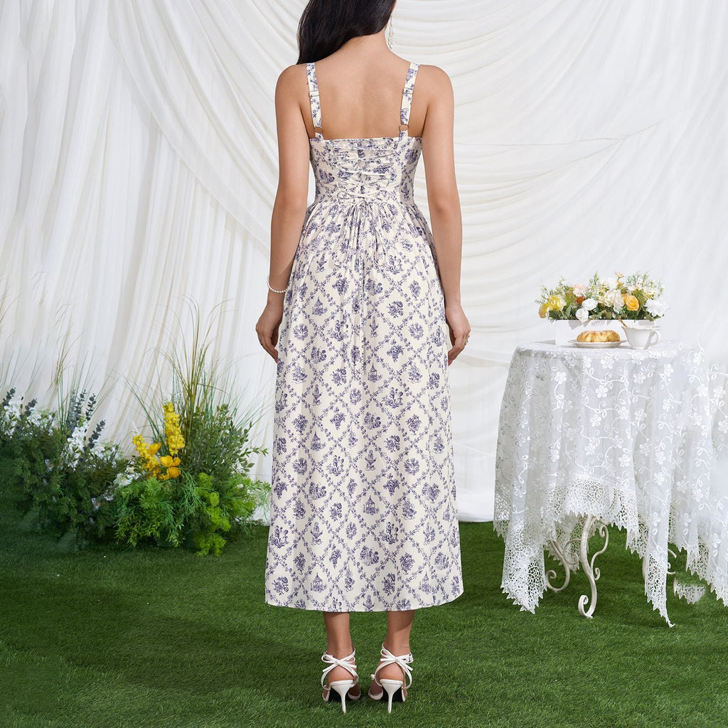 Printed Summer Slip Dress Sexy Backless Lace up Tight Waist High Slit Midi Dress
