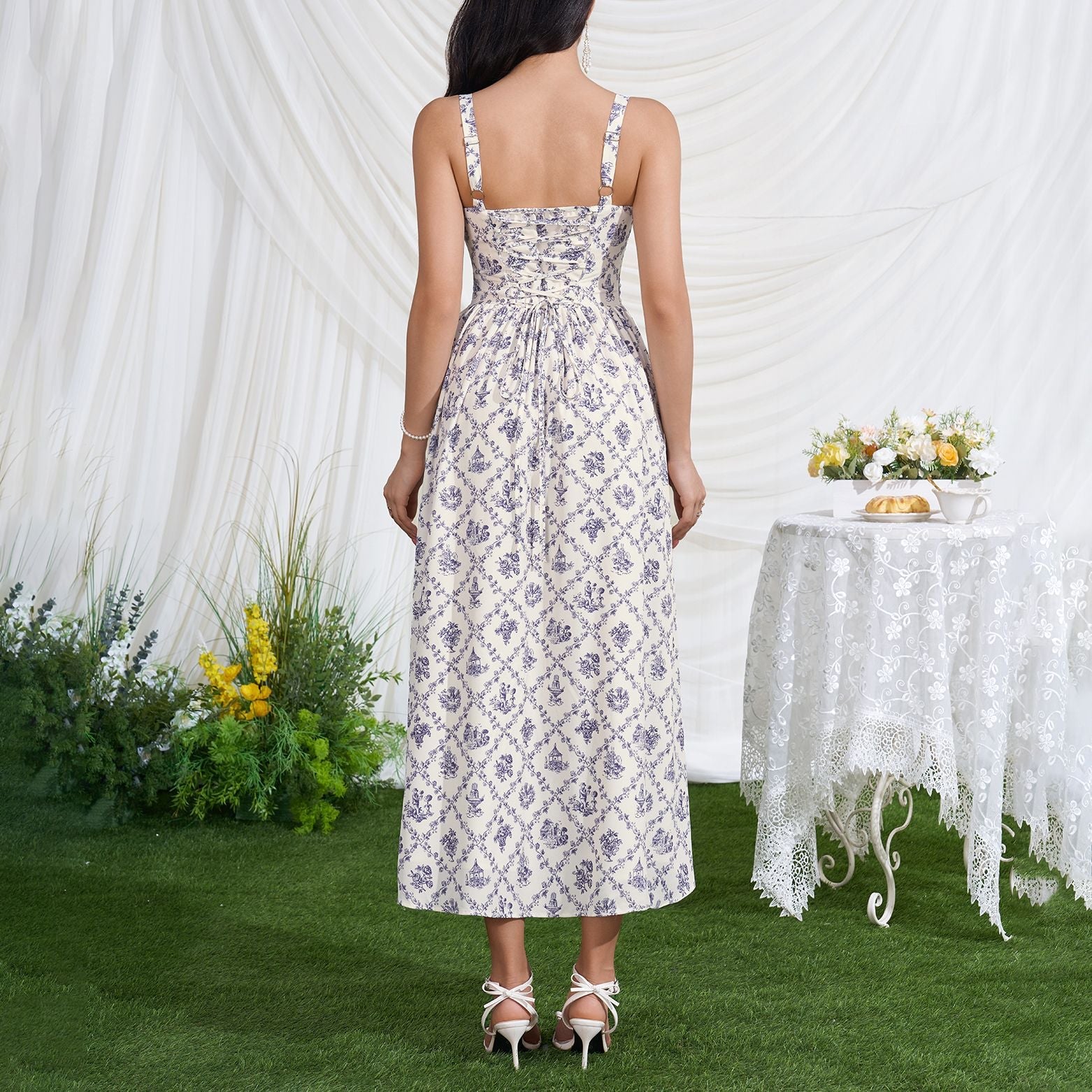 Printed Summer Slip Dress Sexy Backless Lace up Tight Waist High Slit Midi Dress