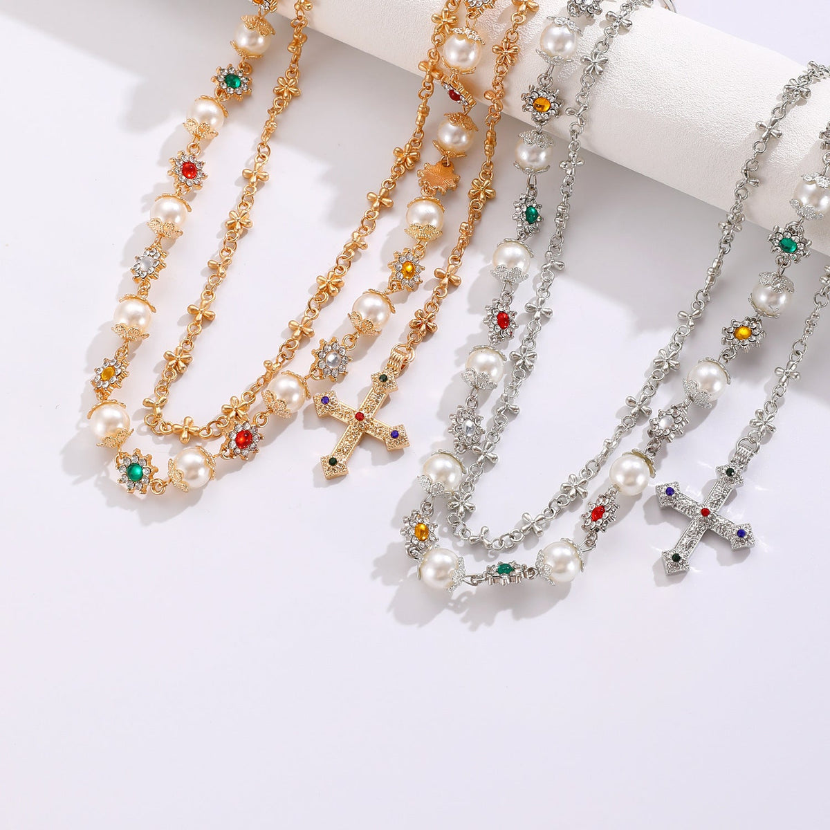 Vintage Multi-Layer Cross Pendant Pearl Flower Color Waist Chain Fashion Pants Chain
