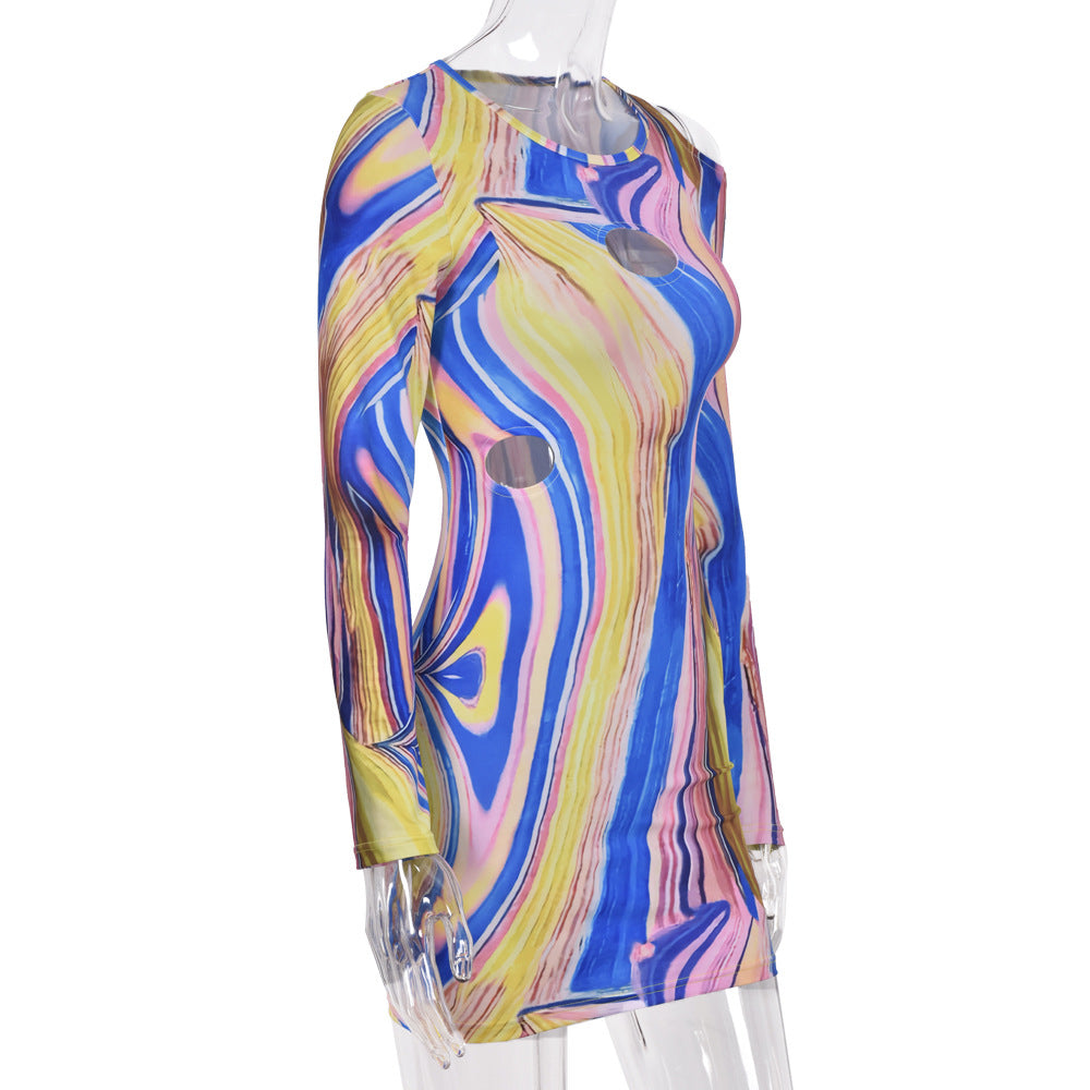 Sexy Cutout off the Shoulder Dress Contrast Color round Neck One Step for Women