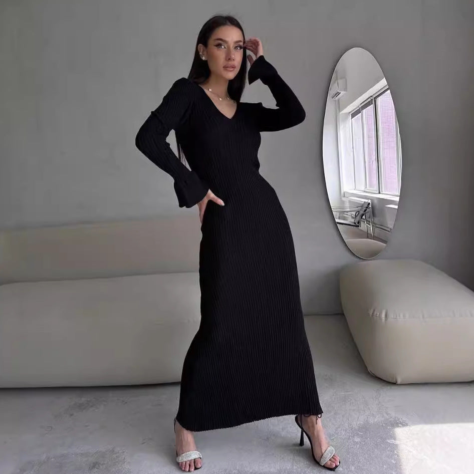Long Sleeve V neck Tight Knitted Dress Solid Color Rib Fabric Wool Long Autumn Winter Dress