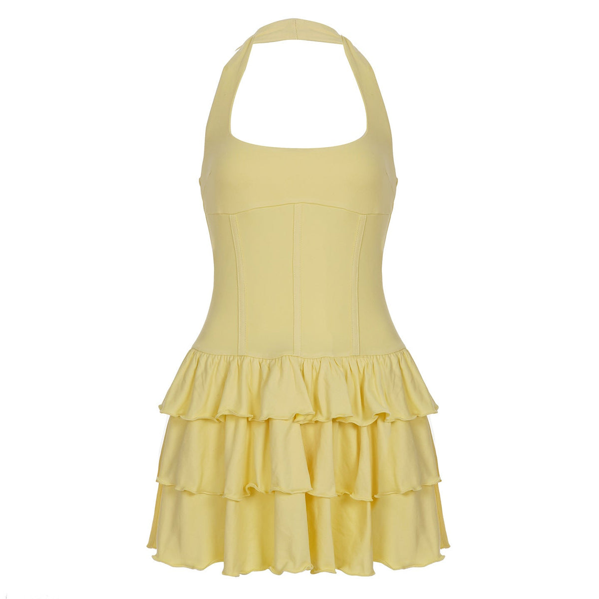 Built Basic Solid Color U Collar Halter Pleated Tiered Skirt Sexy Backless Dress Short Dress