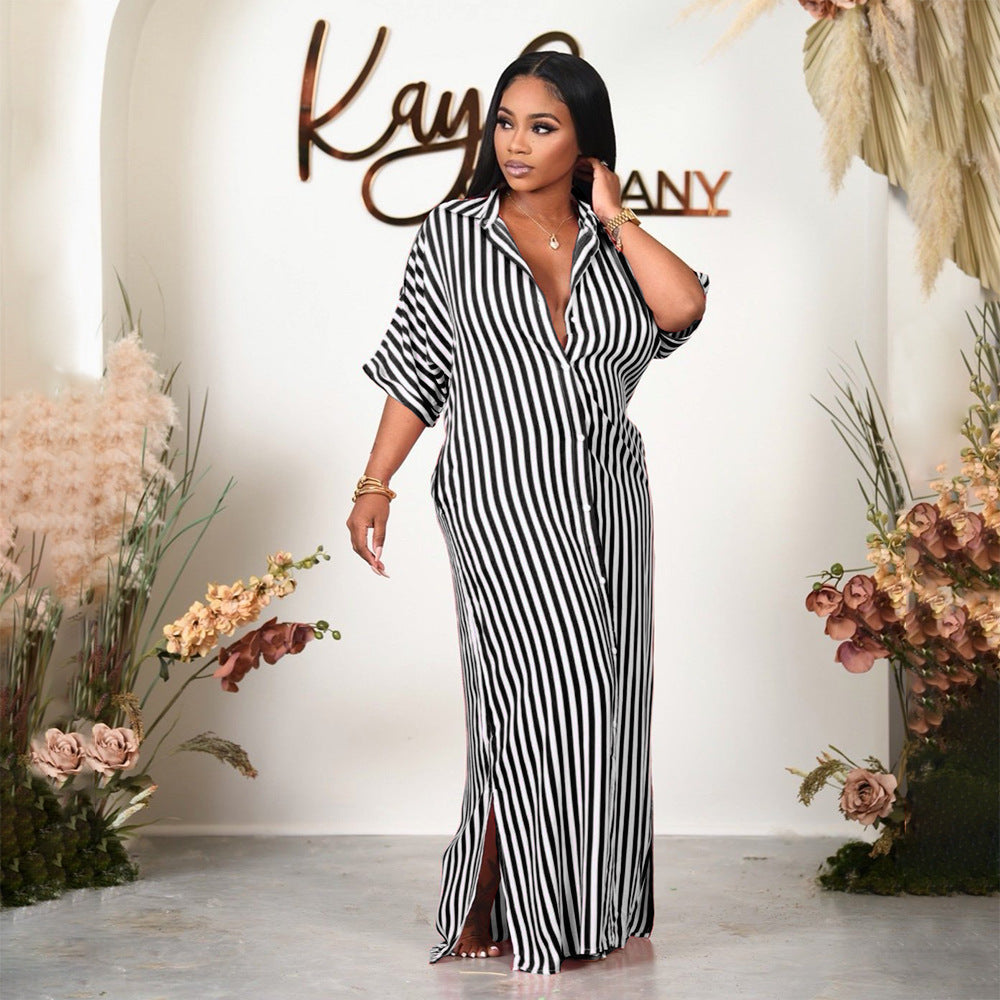Women Clothing Striped Shirt Women Dress Split Dress French Dress