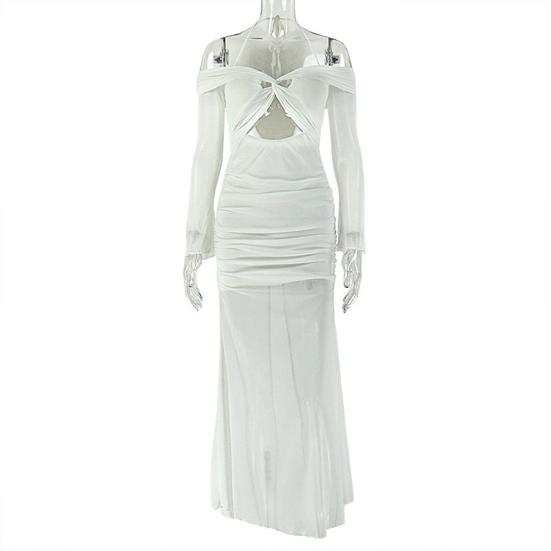 Women Clothing Hollowed Halter Pleated Hip Dress Wrapped Chest Slightly Transparent Long Sleeve One Step Dress