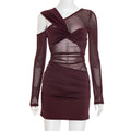 Women Autumn Sexy Mesh Long Sleeve Slim Fit See through Kinked Short Dress