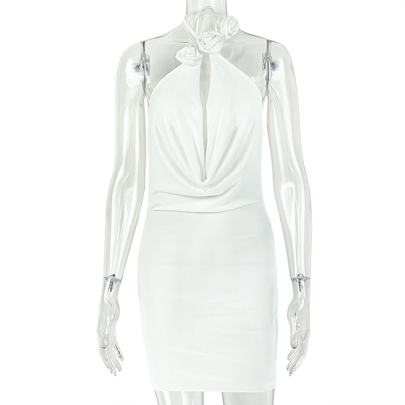 Solid Color Women Slim Fit Street Sleeveless Design Hip Dress Hanging Collar Short Sleeveless Dress