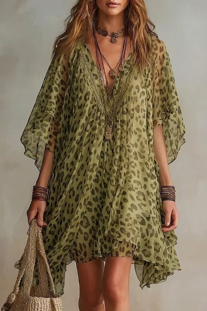 Summer Women Clothing V neck Chiffon Dress Seaside Vacation Loose Blouse Leopard Print Beach Dress