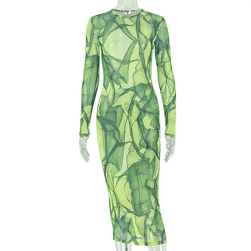 Printed Socialite Women Clothes Waist Vintage Sheath Dress Turtleneck Long Sleeved Green Autumn Winter Dress