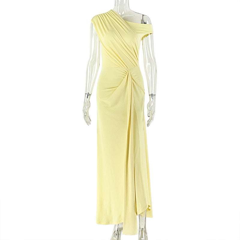 Women Clothing Solid Color Design Fitted Waist Pleated A line Dress Diagonal Collar Sleeveless Open Shoulder Maxi Dress
