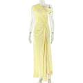 Women Clothing Solid Color Design Fitted Waist Pleated A line Dress Diagonal Collar Sleeveless Open Shoulder Maxi Dress