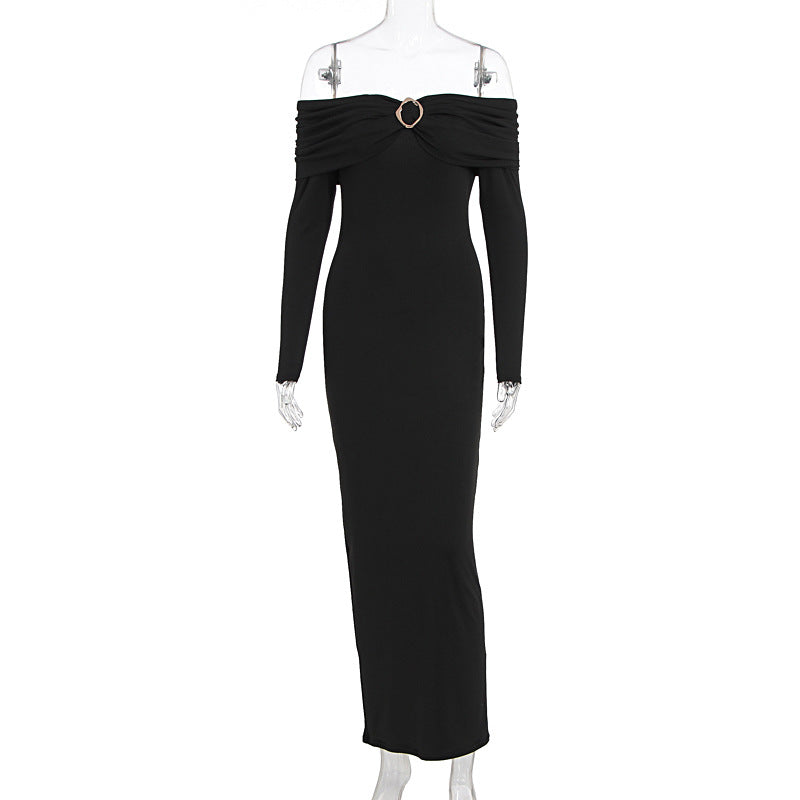 Women Clothing Fall Sexy Tube Top off Neck Solid Color Midi Dress