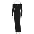 Women Clothing Fall Sexy Tube Top off Neck Solid Color Midi Dress