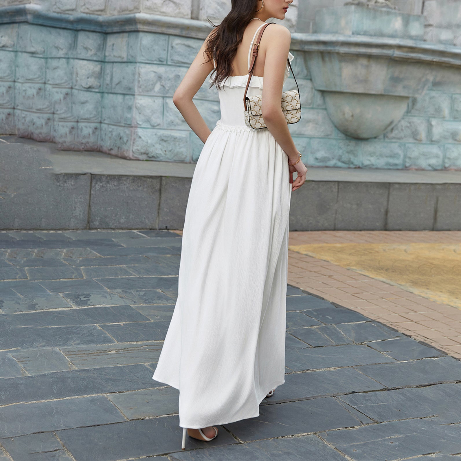 Summer Cool Ice Velvet Crepe Fabric Cami Dress Sexy V neck Flounce Decoration Slim Fit Maxi Dress