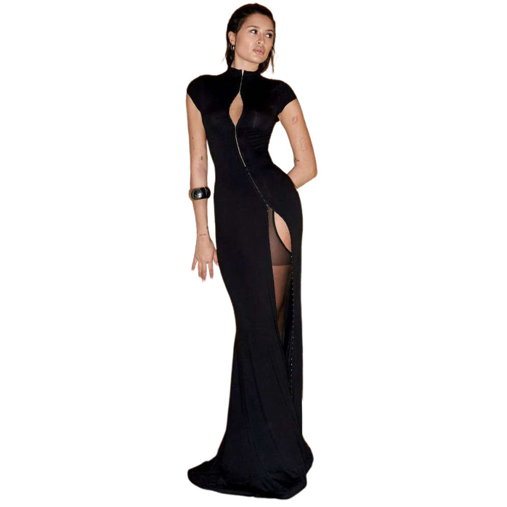 Autumn Winter Women Clothing Solid Color Stand Collar Sexy Cutout Slit Slim Fitting Short Sleeve Elegant Dress