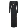 French Sexy Hepburn Niche V neck Metal Buckle Decorative Sexy Slimming Sheath Dress Maxi Dress