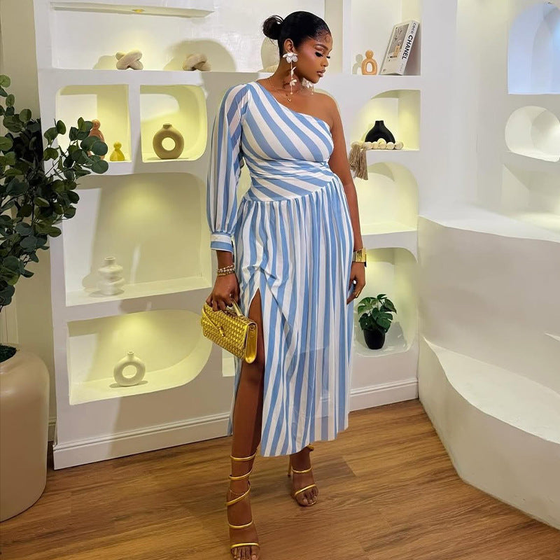 Women Printed Wear Split Striped Waist Asymmetric Dress One Shoulder Diagonal Collar Long Sleeve Casual Dress