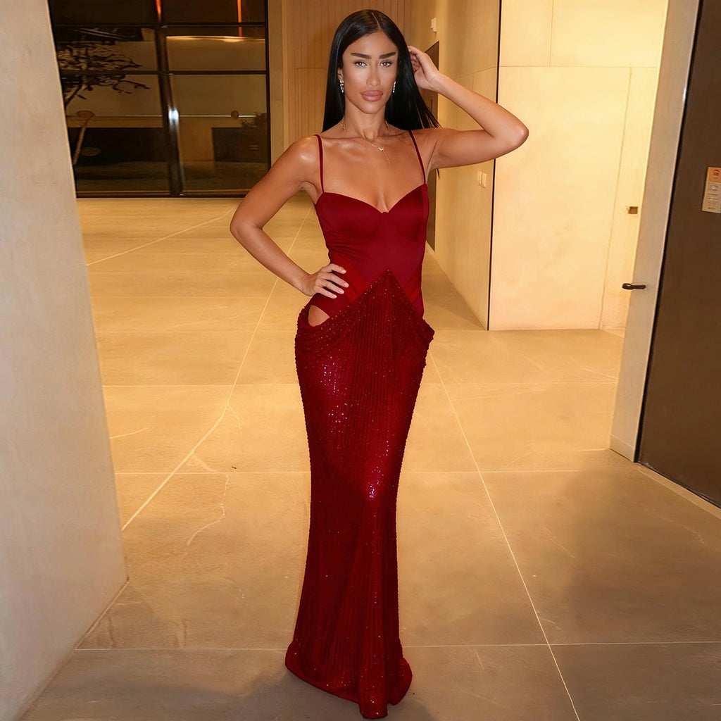 Elegant Graceful Women Cocktail Dress Sequined Chest Split Boning Corset Cropped Outfit Hollow Out Cutout Dress