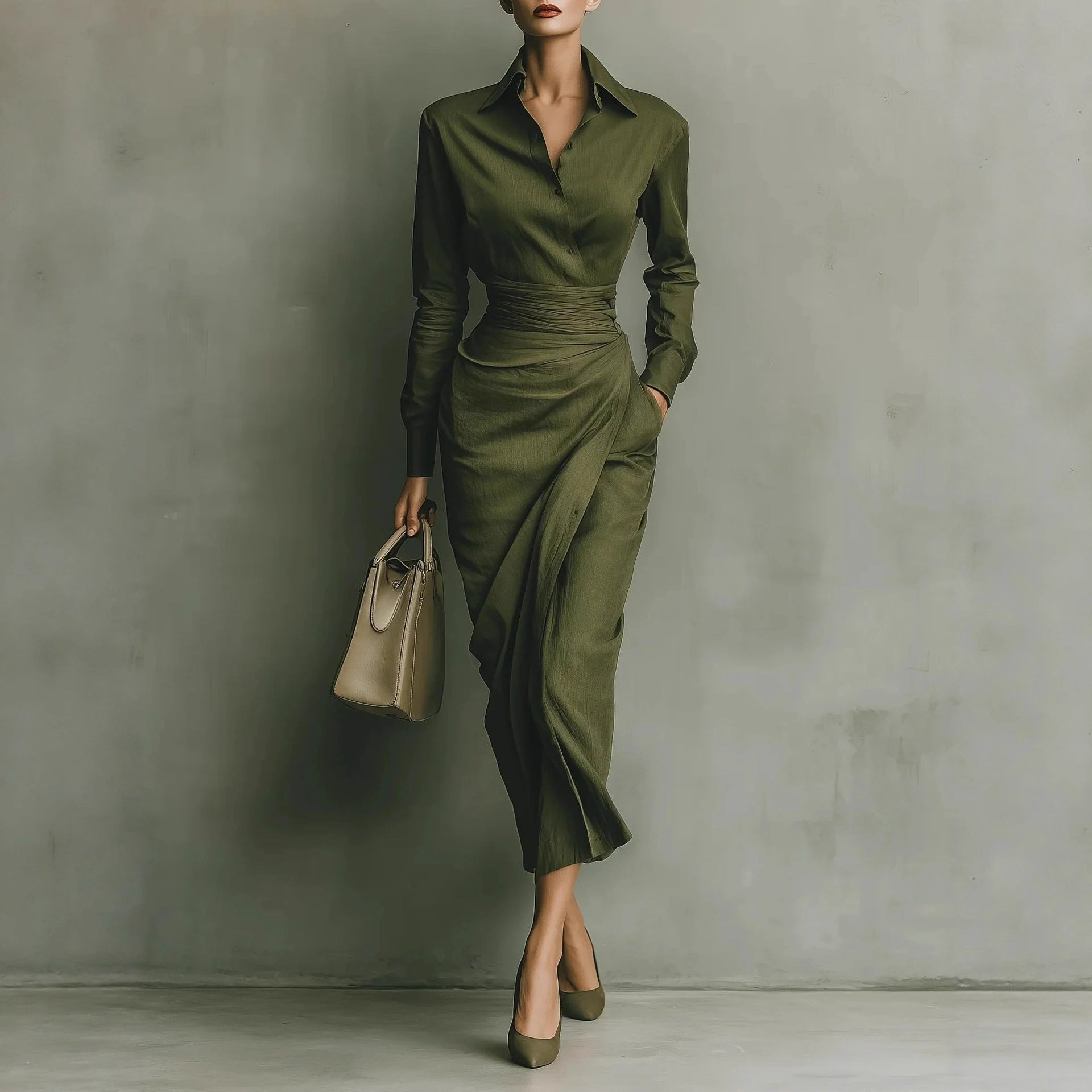 Autumn Winter Office Slim Asymmetric Long Sleeve Shirt Dress