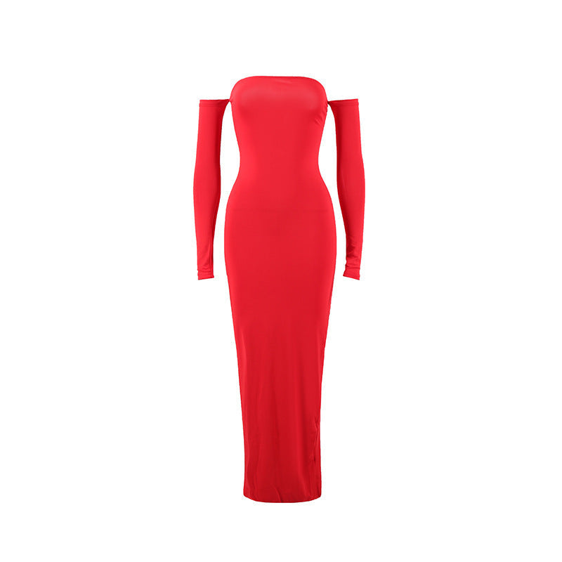 Women Clothing Sexy Sexy off Shoulder Tube Top Oversleeve Slim Sheath Split Elegant Dress