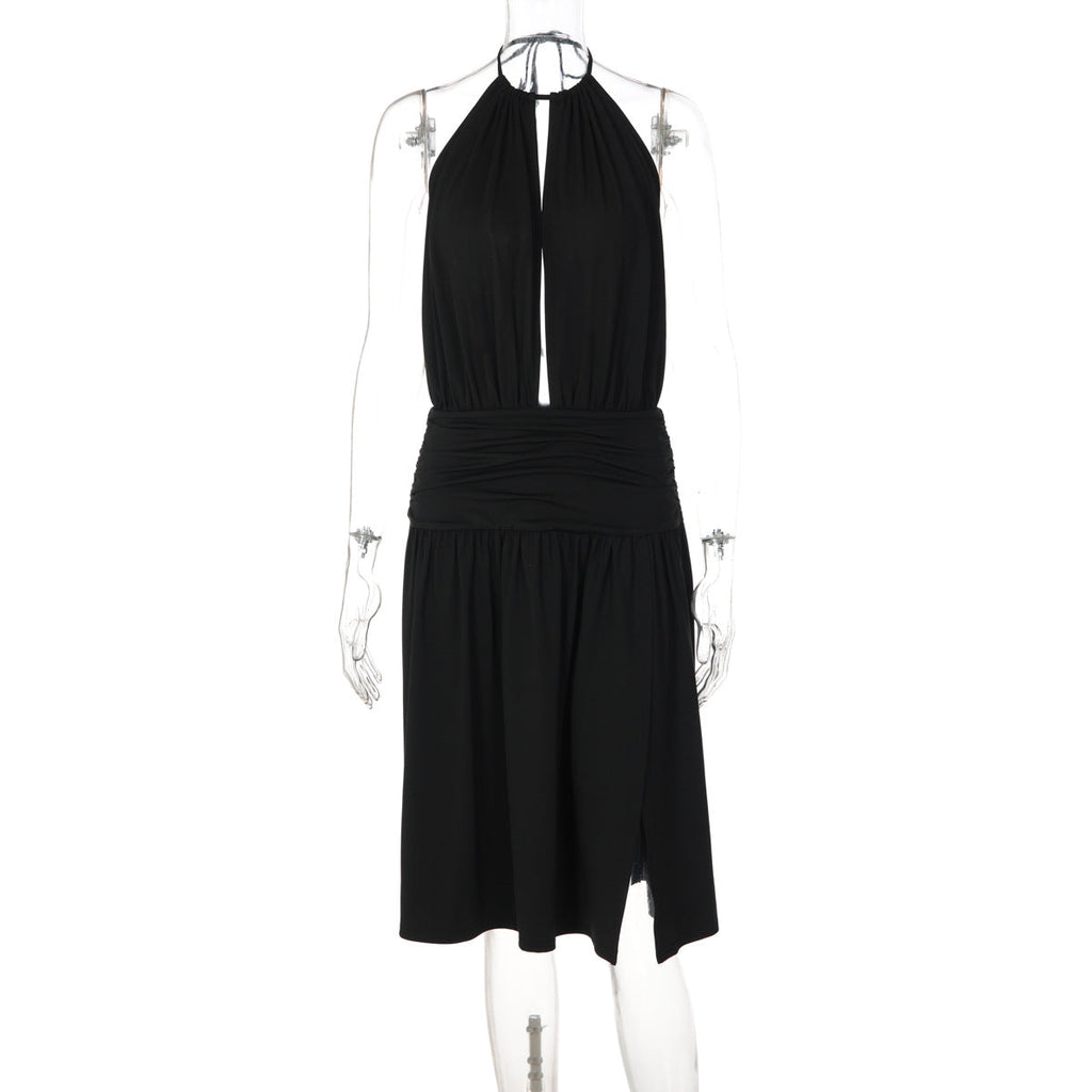 Women Sexy Deep V Plunge neck Bare Back Halter Strap Pleated Waist Tight Slit Dress