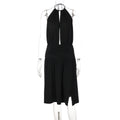 Women Sexy Deep V Plunge neck Bare Back Halter Strap Pleated Waist Tight Slit Dress