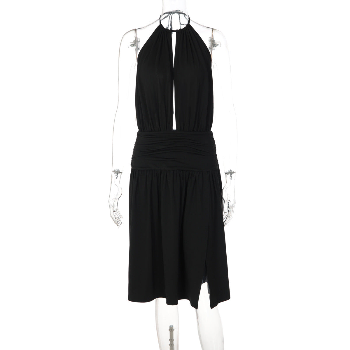 Women Sexy Deep V Plunge neck Bare Back Halter Strap Pleated Waist Tight Slit Dress