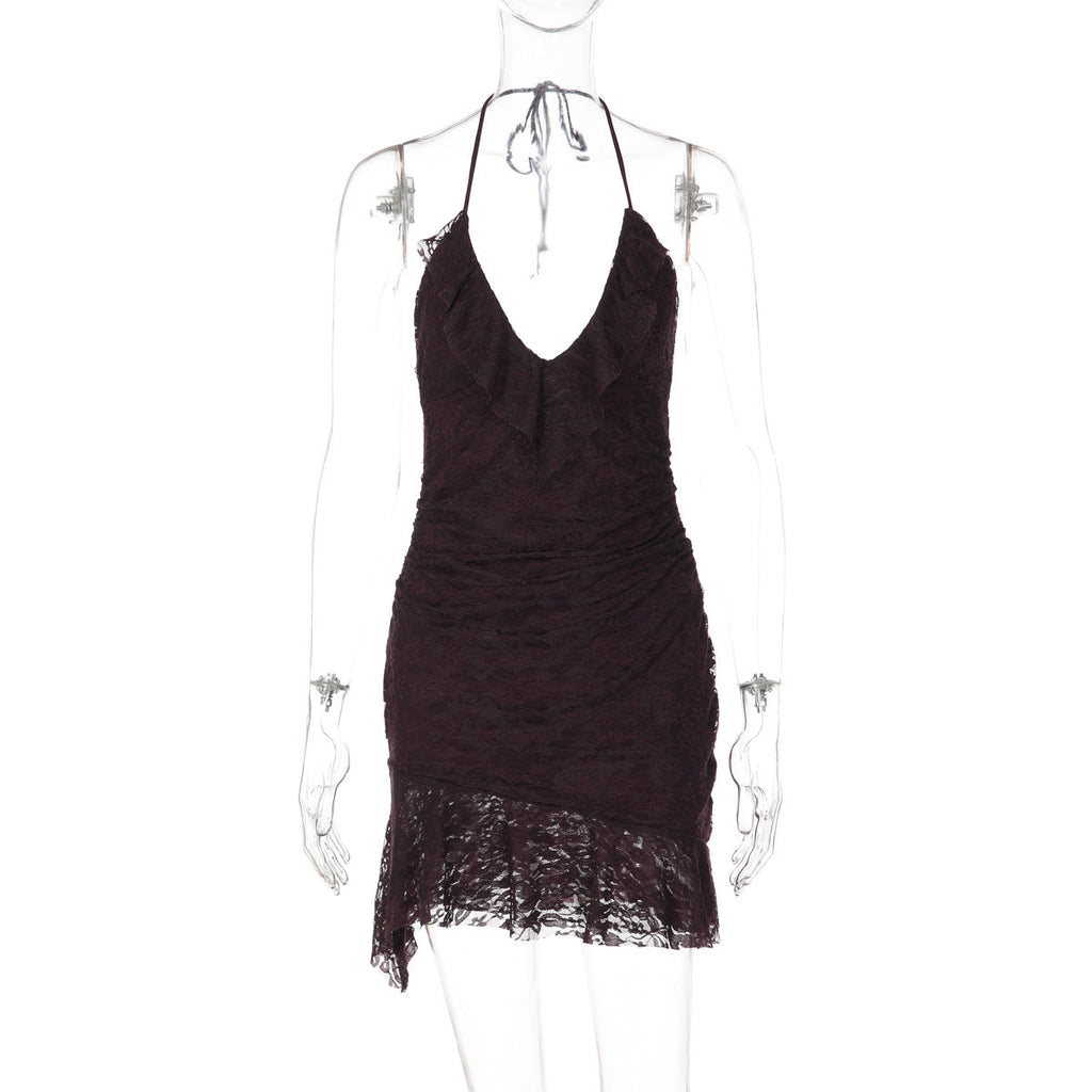 Sexy Lace Dress Vacation Summer Tight Waist Halter Tight Backless Short Dress