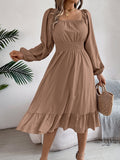 Spring Summer Casual Solid Color Square Collar Long Sleeve Waist Trimming Ruffles A line Dress Women Clothing