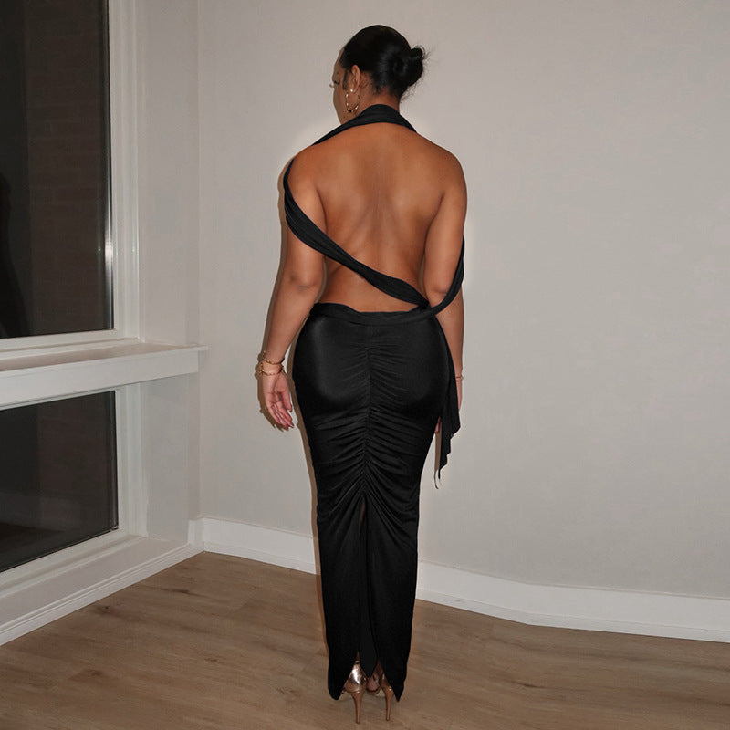 Women Clothing Spring Solid Color Sexy Pleated Hollow Out Cutout Backless Sleeveless Ribbon Maxi Dress