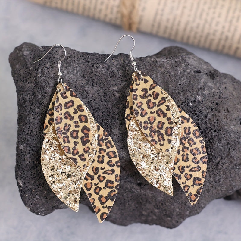 Bohemian Geometric Drop Earrings - Lightweight Faux Leather Leaf Design with Double-Sided Color & Triple Tassel Fringe