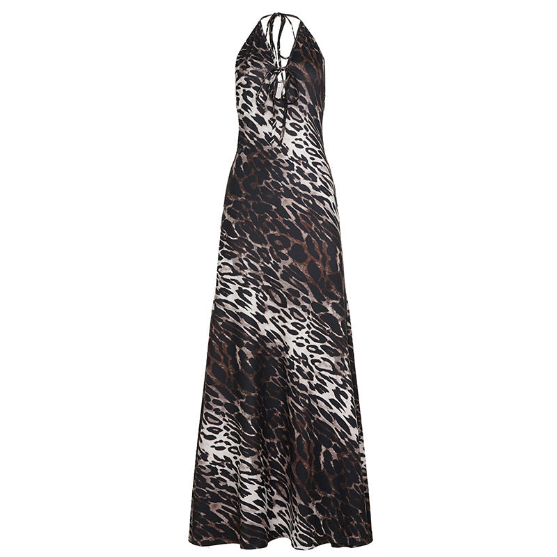 Sexy Party Formal Dress Leopard Print Backless Halter Tied V neck Dress