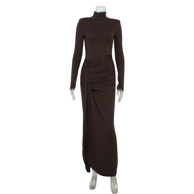 Fall Winter Women High Collar Long Sleeve Stitching Lace up Waist Controlled Slim Fit Solid Color Dress Women